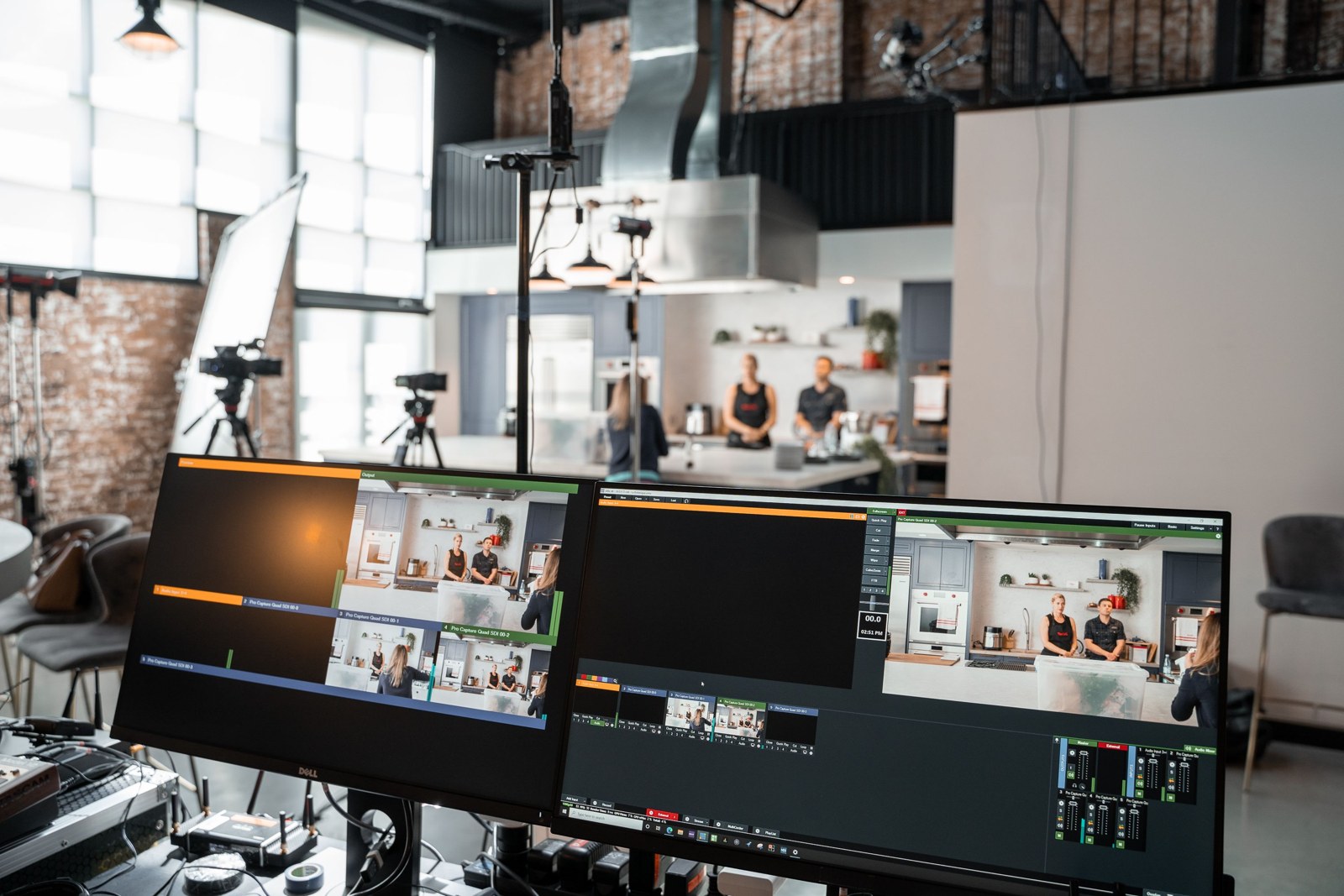 Video production monitors and cameras during a studio shoot